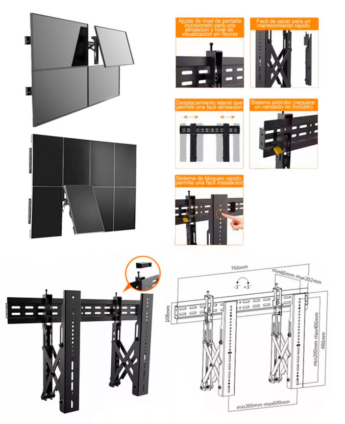 Soporte videowall tipo push para anclar grandes pantallas de tv